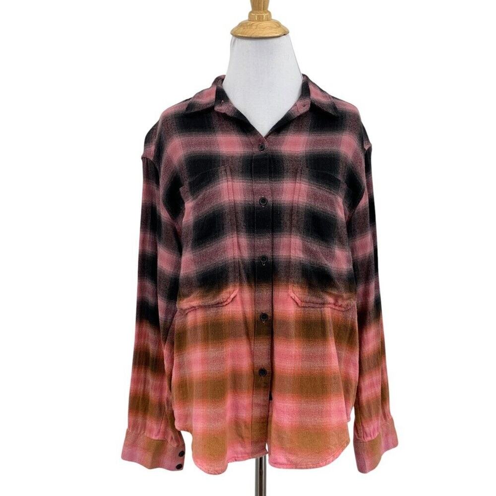 Rails Shirt Womens S Small Tierra Ombre Dip Dye Plaid Button Front Long Sleeve